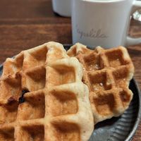 Coconut and grape waffle with soy macha latte at Apelila in Kyoto