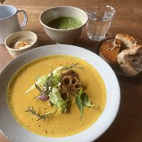 Pumpkin soup set, with matcha latte and soy yogurtt  at Apelila in Kyoto