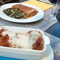 Lasagna with soy ragù and eggplants' parmigiana with sautéed endives (yummy!) at Un'Altra Idea in Bologna