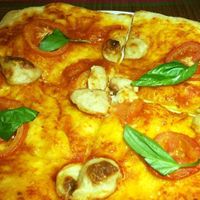 Pizza with home-made delicious vegan cheese at La Pasta in Siem Reap