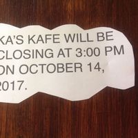 KA'S will be closing at 3:00 pm on Saturday, October 14, 2017.
KA'S will be closing at 3:00 pm on Friday, October 20, 2017.
KA'S will be closed on Saturday, October 21, 2017. at Ka's Kafe in Upper Darby
