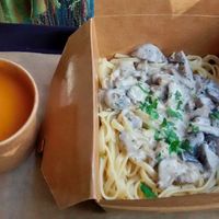 Soup and mushroom pasta at Season Square in Paris