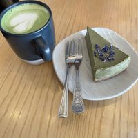 Matcha cheesecake and oat matcha latte  at Tombo in South West London