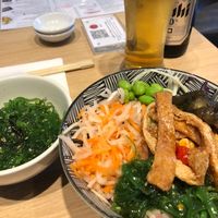 Goma Wakame salad, small Okinawa green poke, Asahi zero   at Tombo in South West London