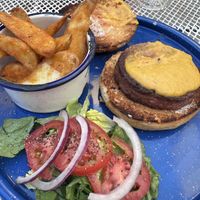  Round burger and potato wedges   at La Rana Vegana in Cabo San Lucas
