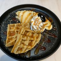 Waffle with ice cream and banana  at Veganerie - Ratchathewi in Bangkok