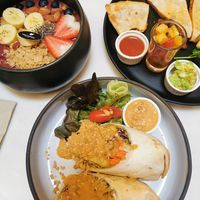 Acai bowl, satay tofu wrap and quesedilla at Veganerie - Ratchathewi in Bangkok