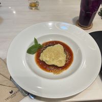 Portobello mushroom lasagne & butterfly pea tea. Quite filling considering the teeny size!   at Veganerie - Ratchathewi in Bangkok