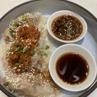Kimchi dumpling and dipping sauce   at Veganerie - Ratchathewi in Bangkok
