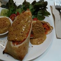 Pasta carbonara with ";bacon"; and satay wrap. at Veganerie - Ratchathewi in Bangkok