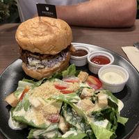 Pulled pork burger with Caesar salad. They were out of fries which are the standard side to a burger.   at Veganerie - Ratchathewi in Bangkok