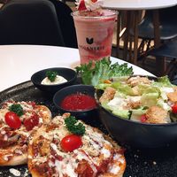 popular thai 'Roti' and a starwberry cheescake frappucino at Veganerie - Ratchathewi in Bangkok