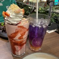 Strawberry cheesecake frappe and butterfly pea drink  at Veganerie - Siam Paragon in Bangkok