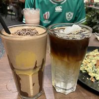 Chocolate protein smoothie and espresso with coconut waterr  at Veganerie - Siam Paragon in Bangkok