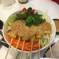 Tofu Satay with lettuce carrot and cucumber  at Veganerie - Ratchathewi in Bangkok