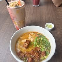 PB&J smoothie, pork belly noodle soup  at Veganerie - Ratchathewi in Bangkok