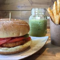 Crispy chick'n sandwich, fries, citrus detox smoothie at Cafe Verve in State College