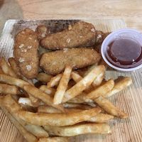 "Chicken" Fingers and Fries. Fries are crispy, fingers are the normal bagged version at Cafe Verve in State College