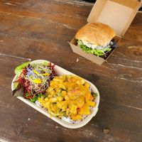 Zen's burger and Red curry at Zens Kitchen Food Truck in Murchison