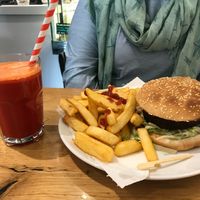 Burger with chips and ABC juice at Ahimsa The Vegan Cafe in North West London