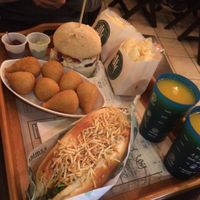 Vegan Hot Dog, Jack Fruit Coxinha and a Lentil Burger. at Ahimsa Burgers in Florianopolis