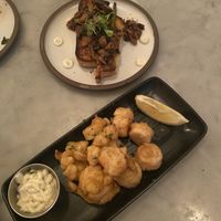Mushroom crostini and hearts of palm ‘calamari'  at LOV - McGill in Montreal