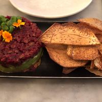 Beet tartare on avocado with taro chips at LOV - McGill in Montreal