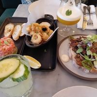 To left salmon tartar, calamari rings, mushroom sandwich at LOV - McGill in Montreal