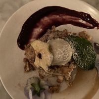 Apple crumble with ice cream, garnished with blackberry puree, apple chip, mint leaf  at LOV - McGill in Montreal