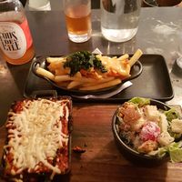 Lasagne-salad, potatoes fries at LOV - McGill in Montreal