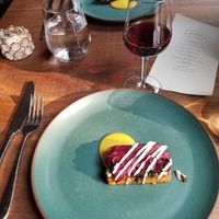 Chickpea tempeh, radicchio, pistachio 4th course at Avelo in Toronto