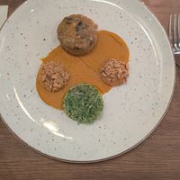 Black-eyed Peas Tempeh, Rutabaga, Hazelnut on smokey carrot puree at Avelo in Toronto