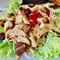 Somtum with crispy pork at Vegan Heaven in Chiang Mai
