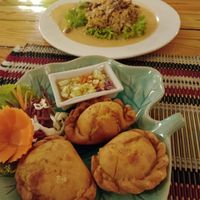 Samosas and banana blossom salad at Vegan Heaven in Chiang Mai