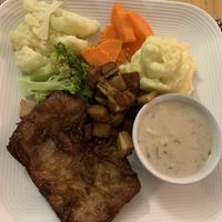 Chicken steak with crispy pork  at Vegan Heaven in Chiang Mai