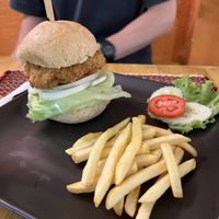 Chicken burger with chips at Vegan Heaven in Chiang Mai
