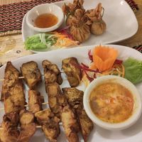 Money bags and mushroom satay kebabs (highly recommend!) at Vegan Heaven in Chiang Mai
