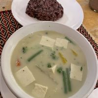 Green curry (90 baht) with black rice (25 baht)  at Vegan Heaven in Chiang Mai