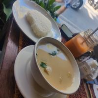 Pumpkin soup and heart shaped boiled rice at Vegan Heaven in Chiang Mai