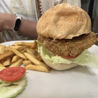 Chicken burger and fries   at Vegan Heaven in Chiang Mai