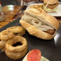 Hot dog and onion rings   at Vegan Heaven in Chiang Mai