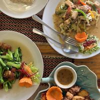 Panang curry, mushroom satay and crispy pork  at Vegan Heaven in Chiang Mai