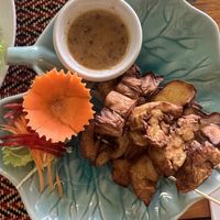 Mushroom satay w/ peanut sauce  at Vegan Heaven in Chiang Mai
