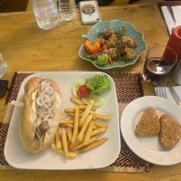 Hot dog & hash browns  at Vegan Heaven in Chiang Mai