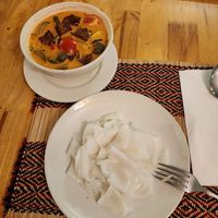 "Duck curry" with wide noodle at Vegan Heaven in Chiang Mai
