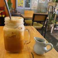 Thai tea with simple syrup on the side   at Vegan Heaven in Chiang Mai