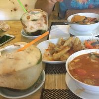 Cocnout smoothie, bbq cauliflower and tom yam spup at Vegan Heaven in Chiang Mai