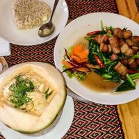 Hor Mok and Stir-fried Kale with Crispy Pork at Vegan Heaven in Chiang Mai