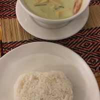 Green curry, cute love heart rice   at Vegan Heaven in Chiang Mai