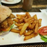 Vegan chicken burger and chips at Vegan Heaven in Chiang Mai
